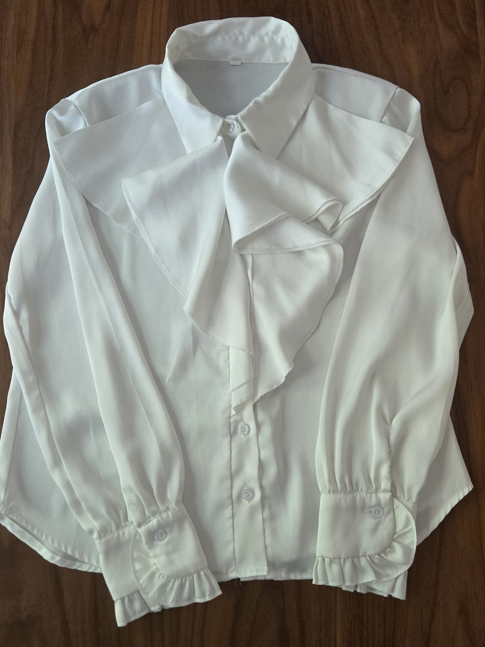 White Ruffle Jabot Button Down Blouse Long Sleeve Office Formal Top M